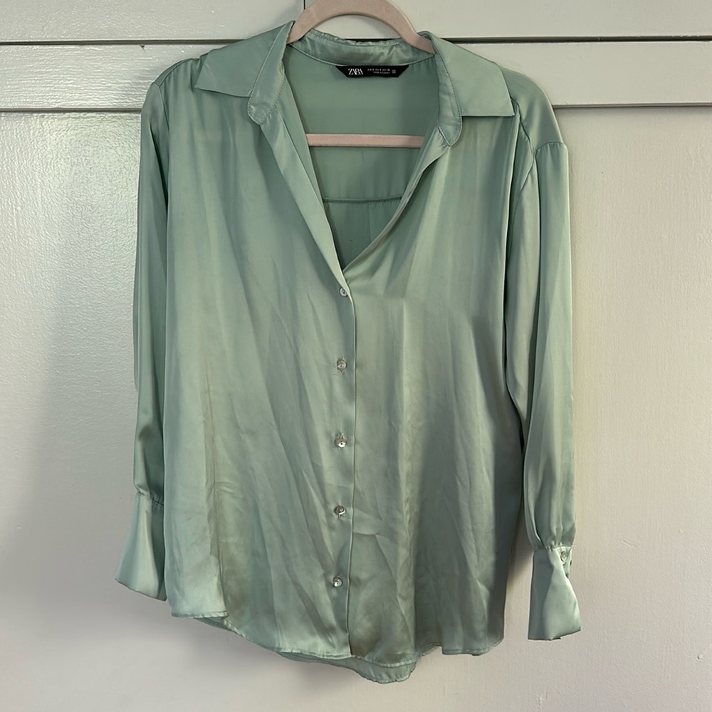 Cute teal Zara silky long sleeve button up!